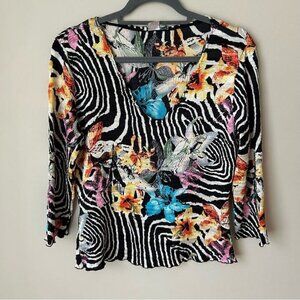 Vintage Alberto Makali Floral Crinkle V-Neck Scoop Top Blouse Women’s Size Large